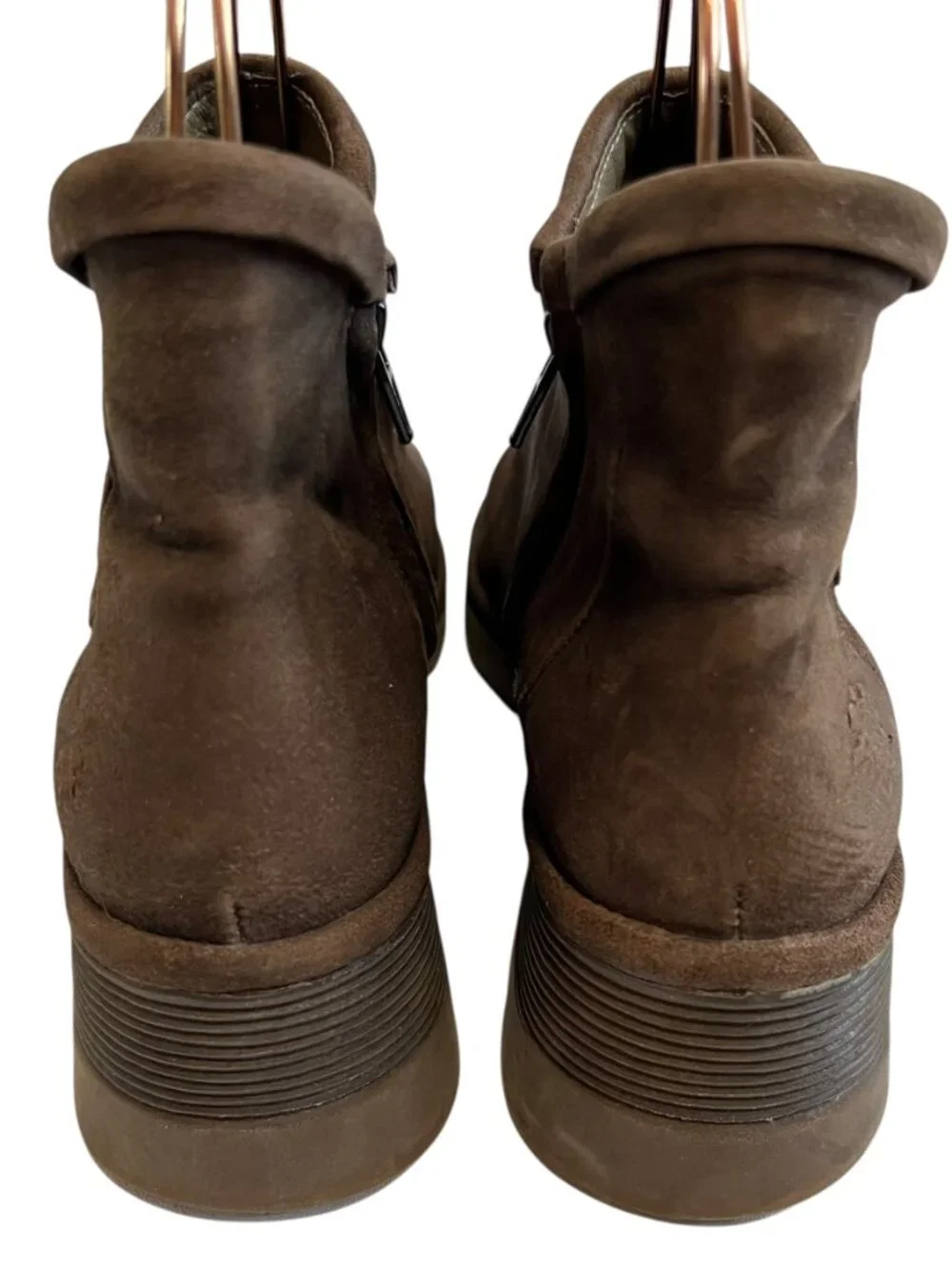 Fly London boots brown suede swirl design zip up booties 40 9 9.5 wedge